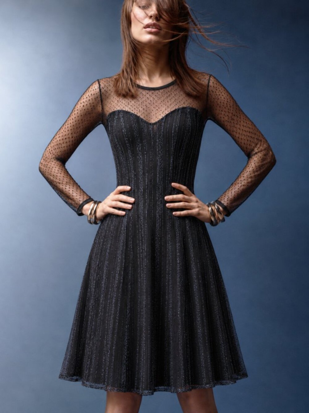 Made in Italy Glamoratti Black Lurex Knit Polka Dot Mesh Сocktail Dress